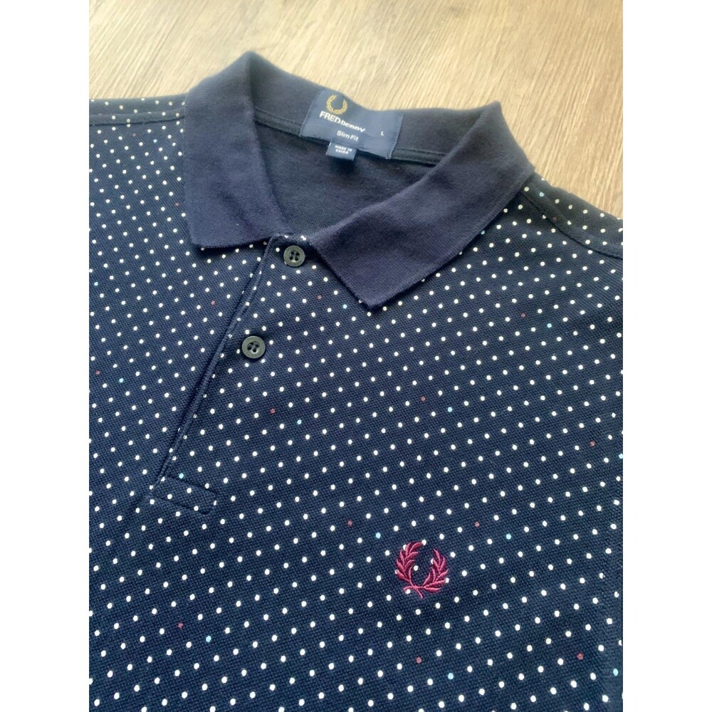 Fred Perry Men’s Navy Blue Polka Dot Polo Shirt L Slim Fit Embroidered Logo